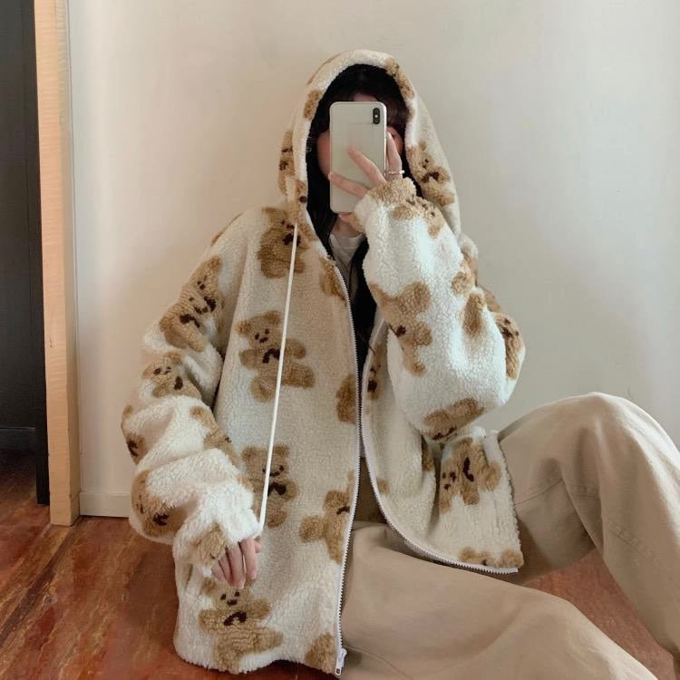 WW | Bear Teddy Print Plush Jacket Fluffy Hooded Outerwear