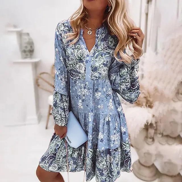 WW | Bohème Blumen Kleid mit langen Ärmeln für Damen