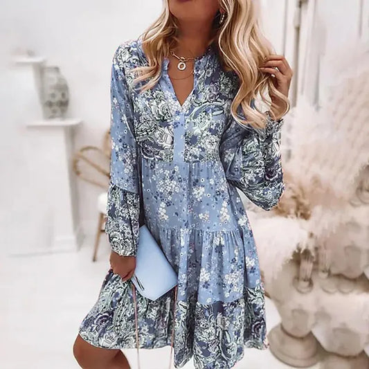 WW | Bohème Blumen Kleid mit langen Ärmeln für Damen