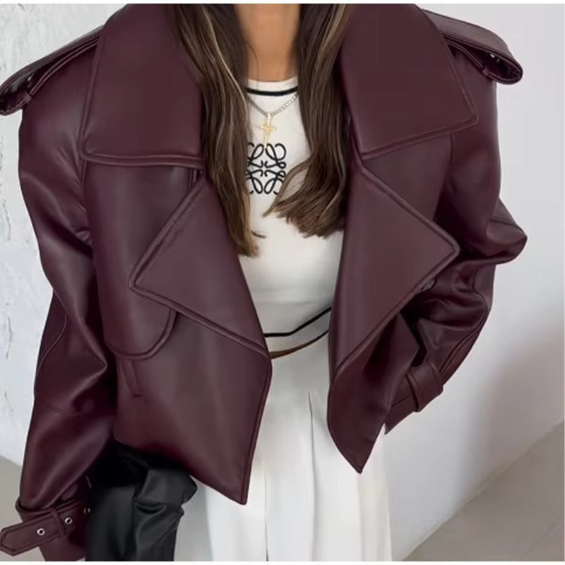 WW | Imitation Leather Jacket with Belt for Women