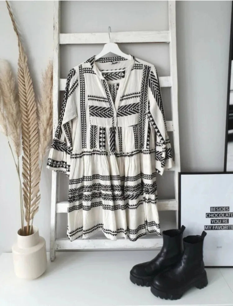 Azaria | Geometric Print V-Neck Mini Dress