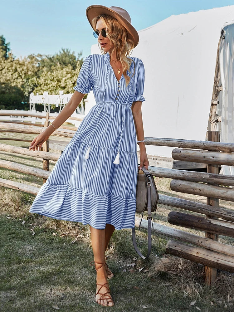 Maya | Striped V-neck Tasselled Dress