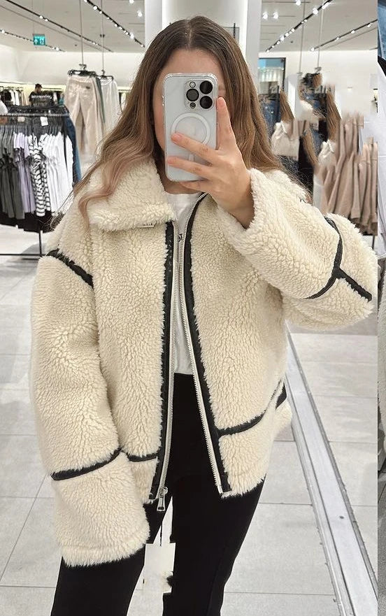 WW | Übergroß Sherpa Jacke Weich Und Warm Reißverschluss Und Hoher Kragen Trendiges Design