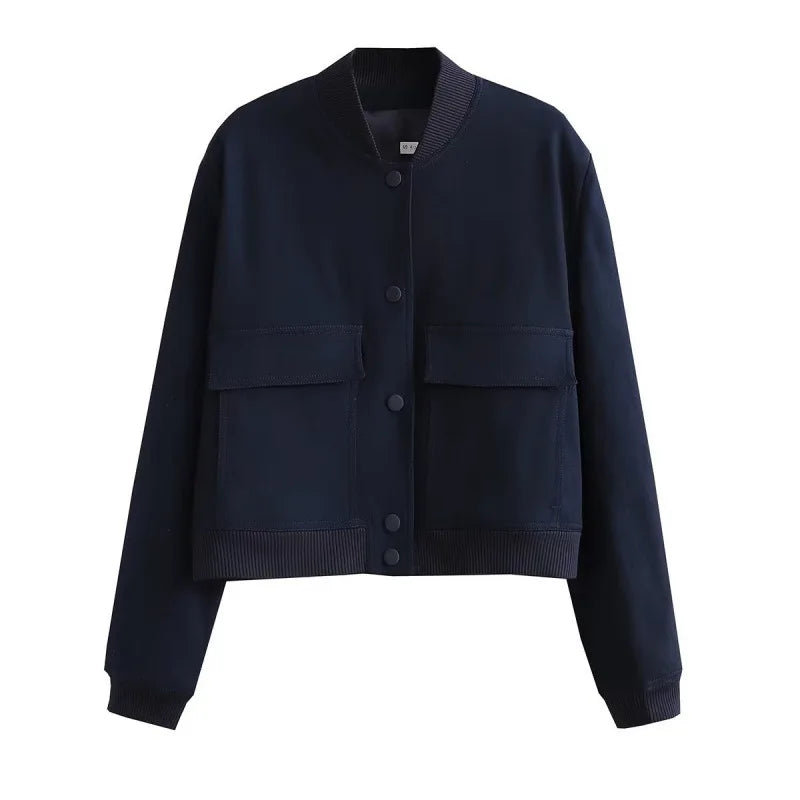 WW | Casual Bomber Jacket with Front Buttons and Flap Pockets