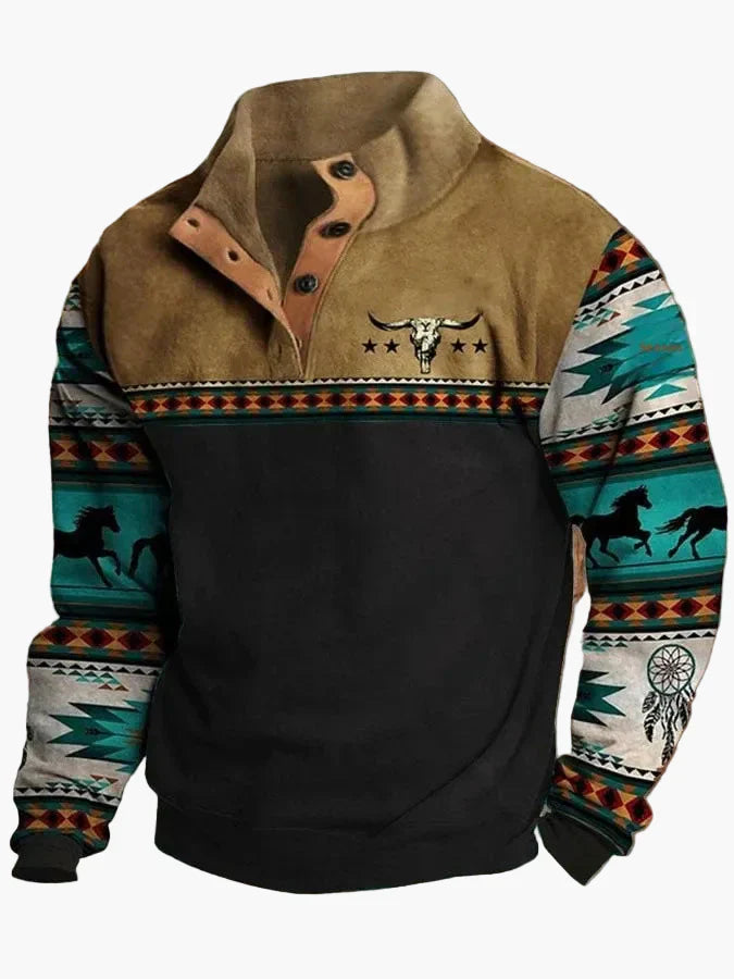 WW | Vintage Western Sweatshirt mit Ethno-Muster und Stehkragen - Freizeitpullover