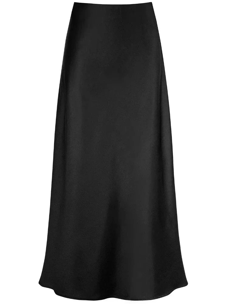 WW | Frauen Satin Seiden Röcke Sommer Frühling Koreanische Mode Kleidung Büro Damen Lange Röcke Elegant Schwarz Maxi Röcke für Frauen