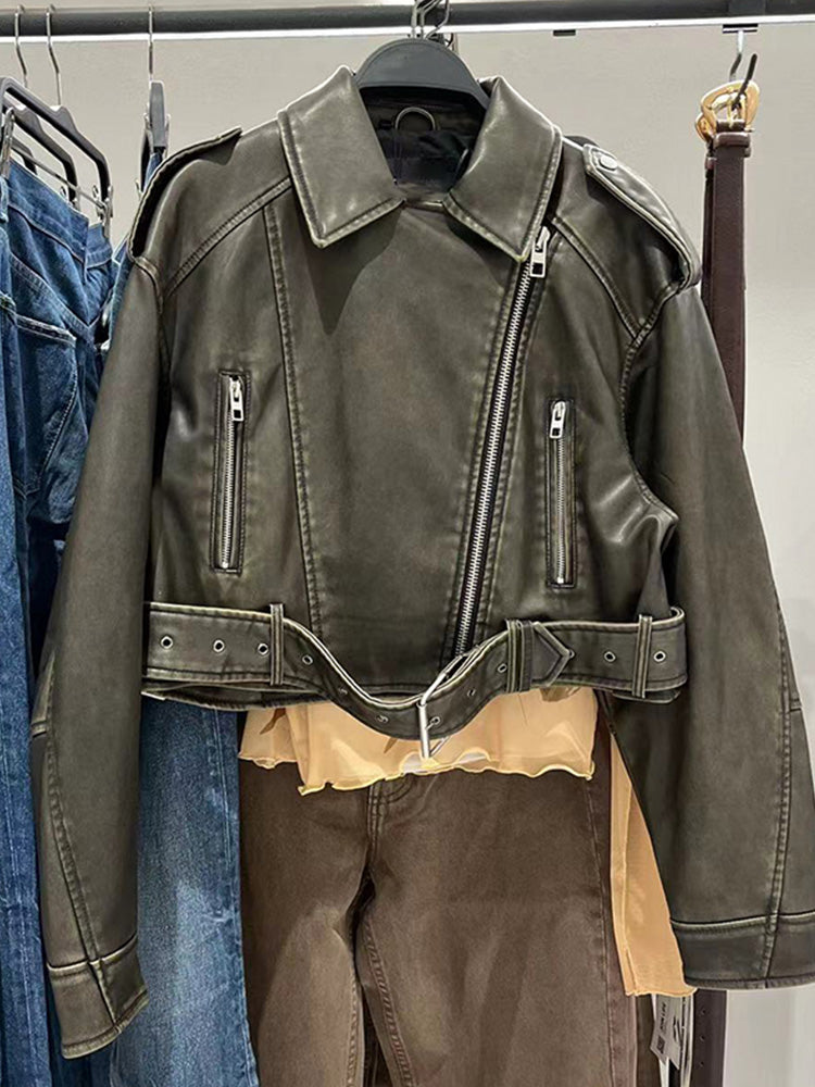 WW | Women's Leather Jacket with Zipper Pocket and Belt - Ideal for All Seasons