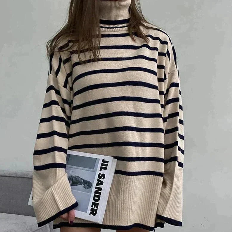 WW | Übergroß Fit Streifen Hoher Kragen Weiches Und Warmes Strickmaterial