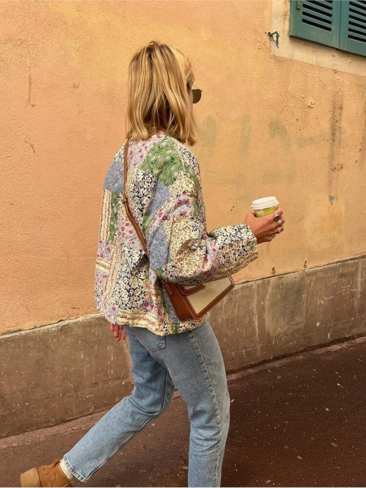 WW | Grüne Blumen bedruckte gesteppte Baumwolljacke für Damen
