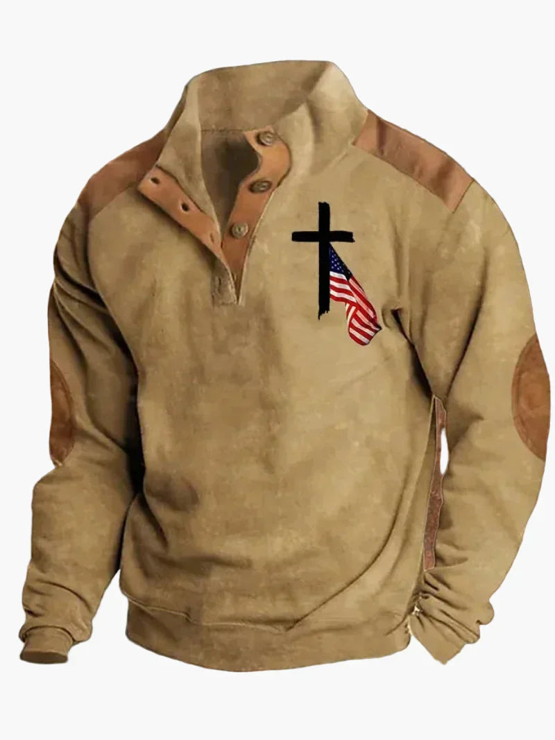 WW | Retro Cowboy Sweatshirt with Digital Print and Stand-Up Collar - Western Casual Pullover for Outdoors and Leisure
