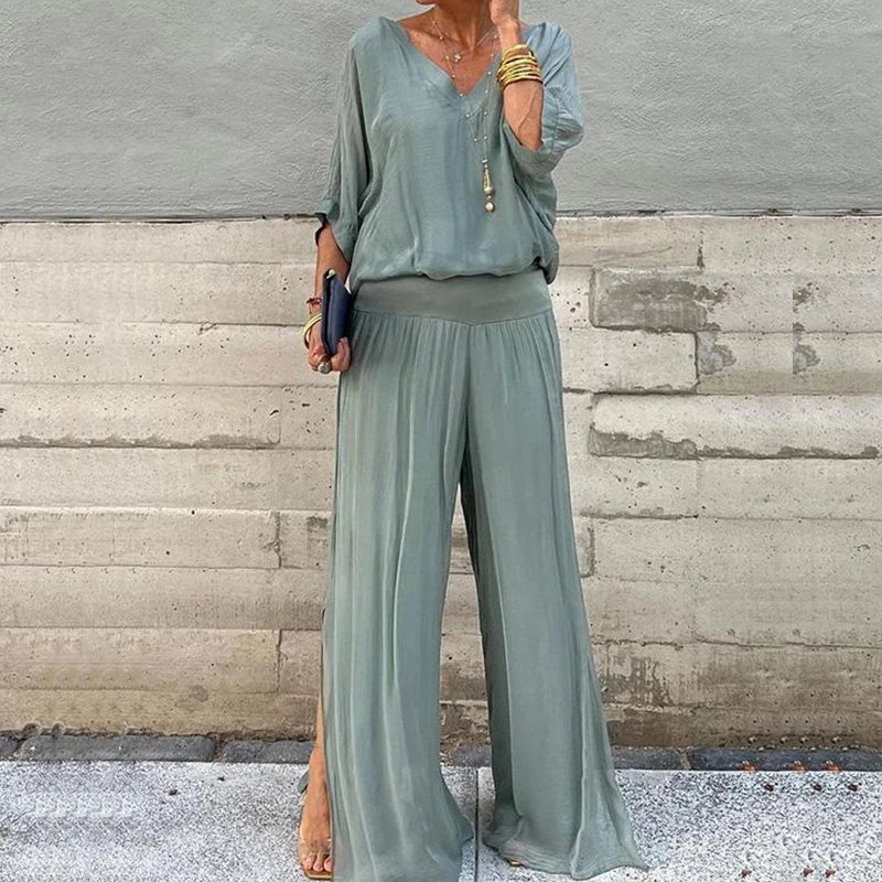 WW | Elegantes Zweiteiliges Set Aus Chiffonoberteil Und Hose Mit Weitem Bein