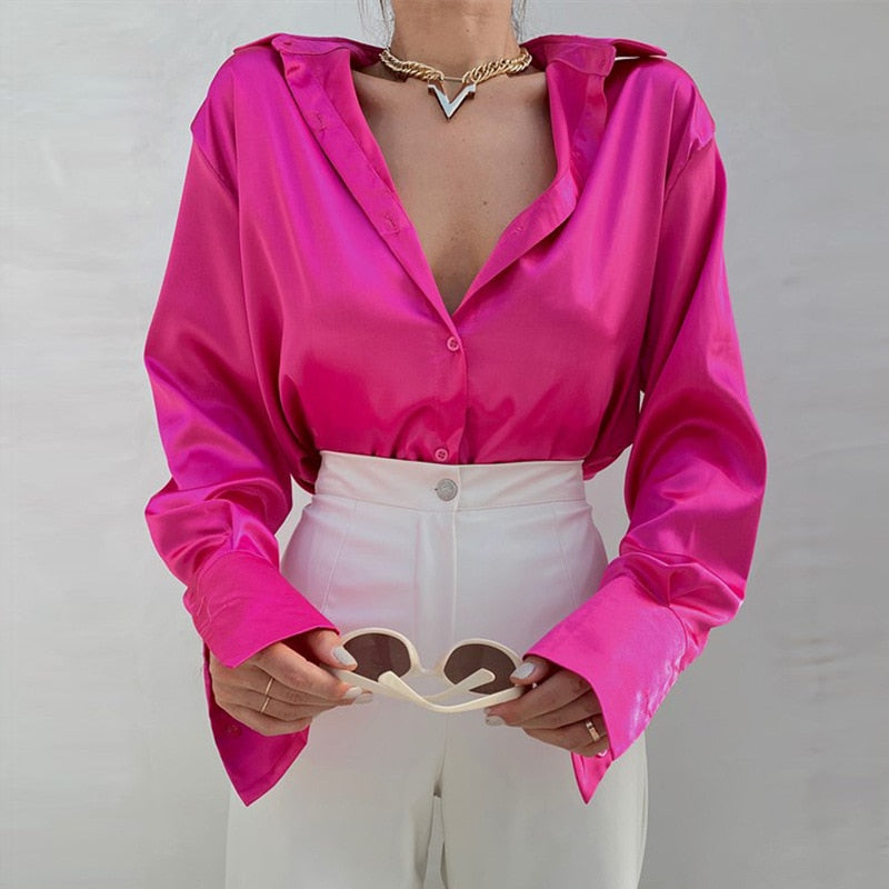 WW | Satin Blouse With Polo Collar Silk Blouse For The Office Vintage Design With Loose Button Elegant Fashion
