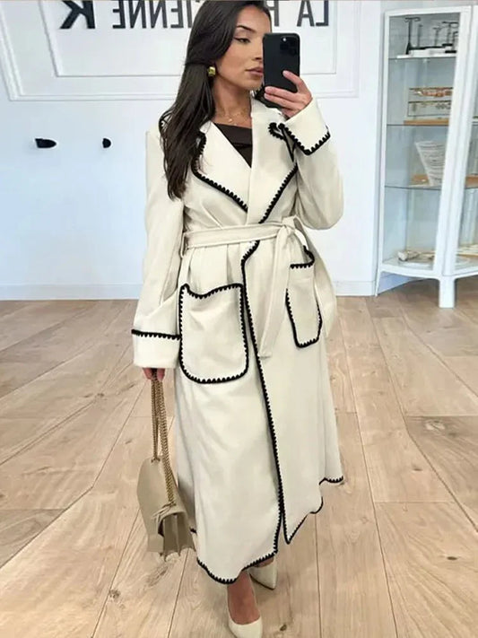 WW | Longline Mantel - Kontrastierende Besatz - Gürtellinie - Casual bis Formal