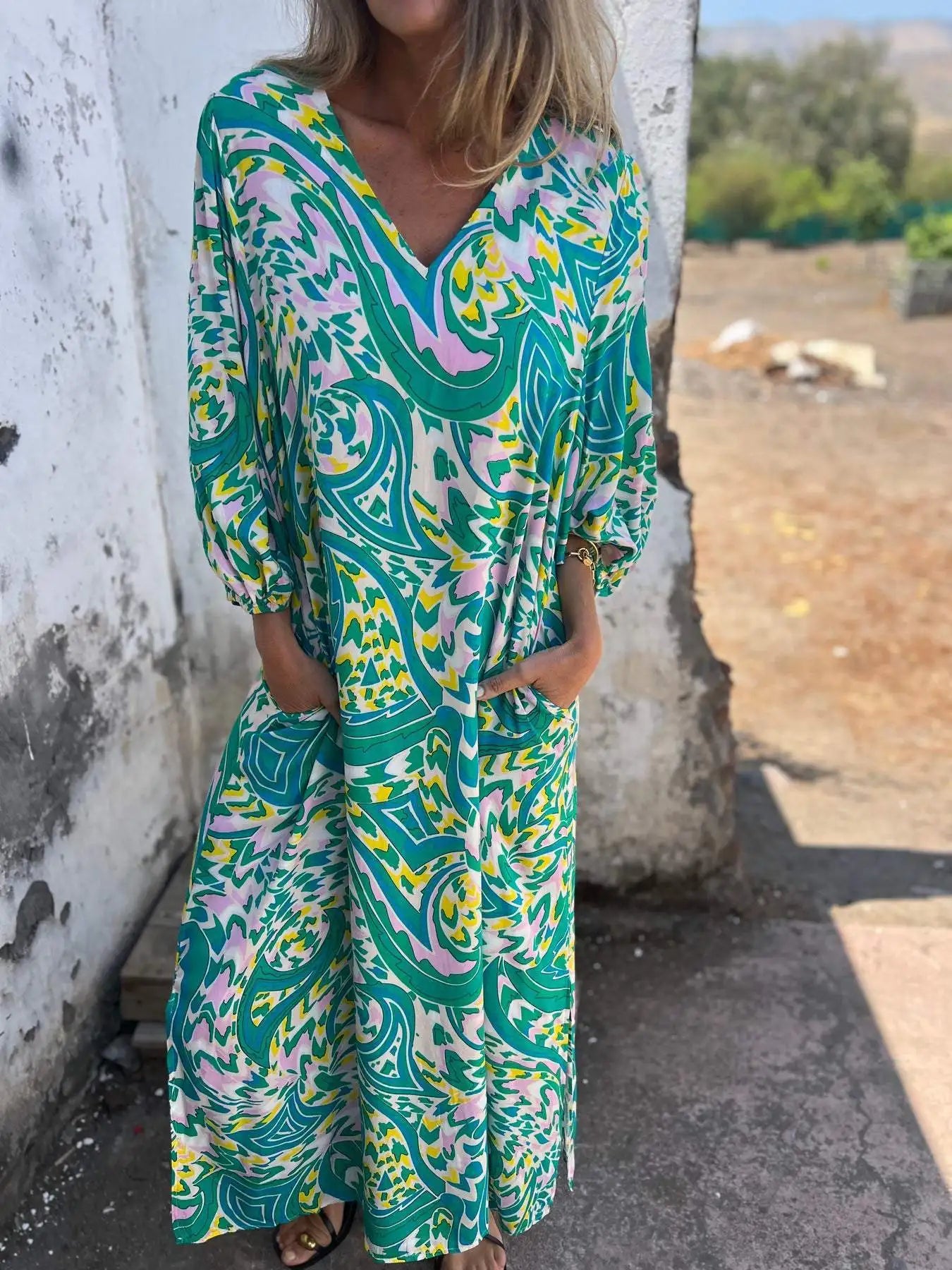 Solstice Bloom™ Boho Maxi Dress with Pockets