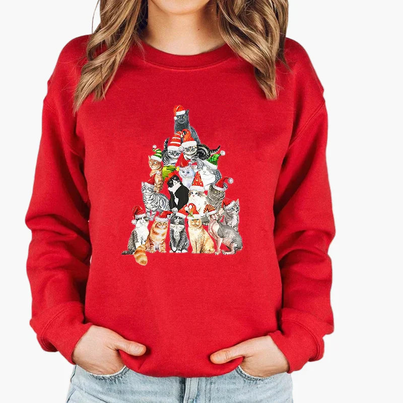 WW | Christmas Sweater with Cat and Fairy Lights - Funny Winter Sweater for Cat Lovers