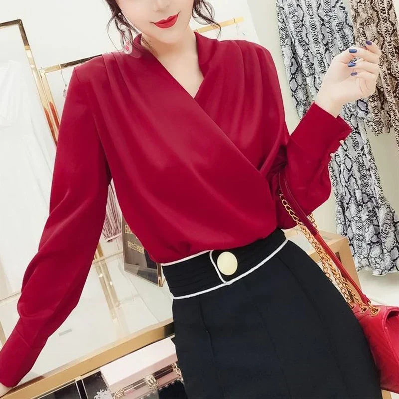 WW | Elegant Satin Blouse With V-Neck For Office & Evening