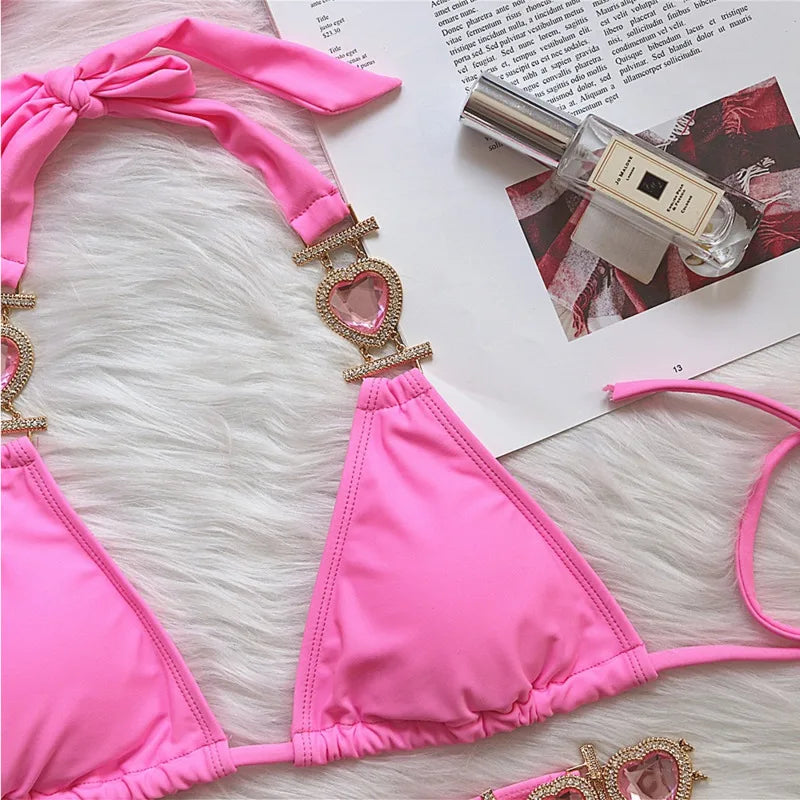 WW | Pink Sexy Bikinis Schwimmbekleidung mit Herz Strass Damen Bademode Female Push-Up Bikini Strand Bademode Badeanzüge Pool Badebekleidung