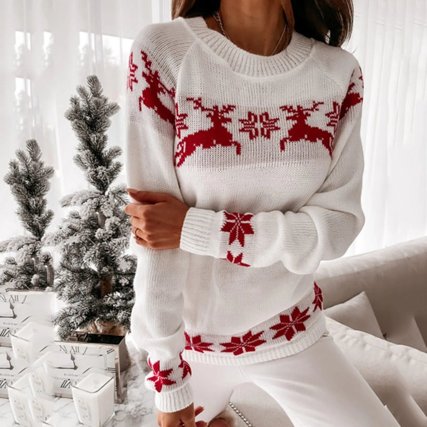 WW - Hässlicher Weihnachtspulli - Bequemer Strickpulli mit O-Ausschnitt, Rentier- und Schneeflockenmuster