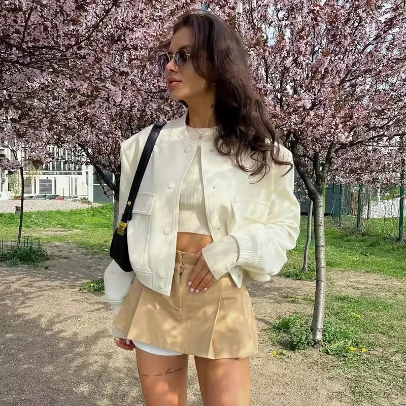 WW | Cropped Snap-Button Bomber Jacket with Baseball Collar
