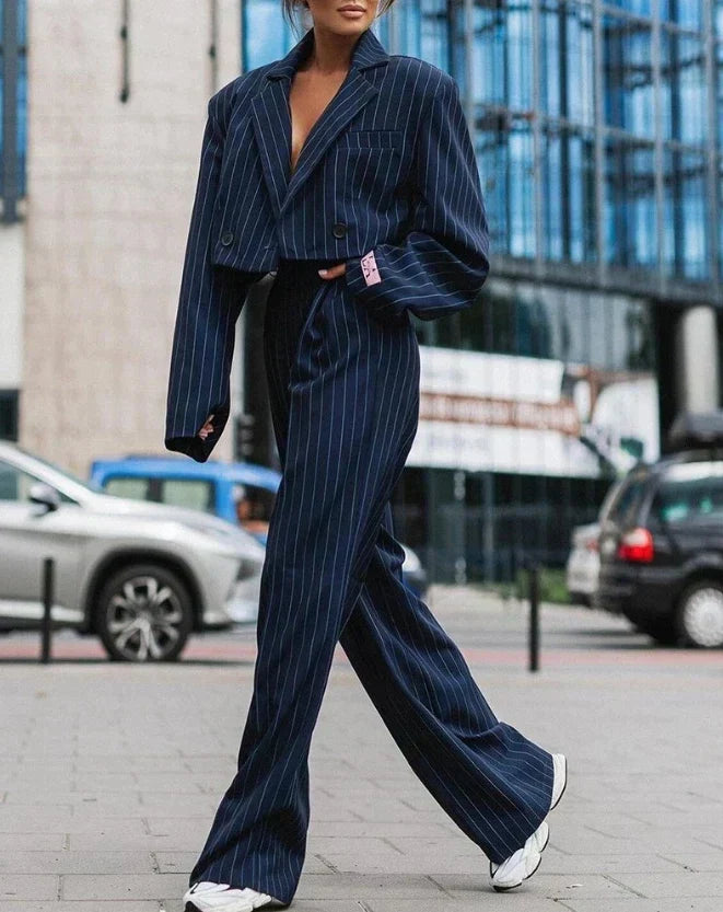 WW | Gestreifter, Kurz Geschnittener Blazer Und Hose Für Damen, Zweiteiliges Satz