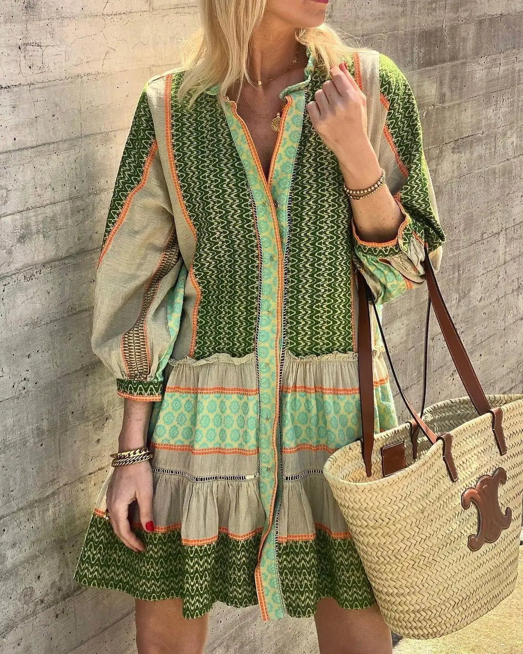 Selene | Cotton-Linen Dress with Green Print