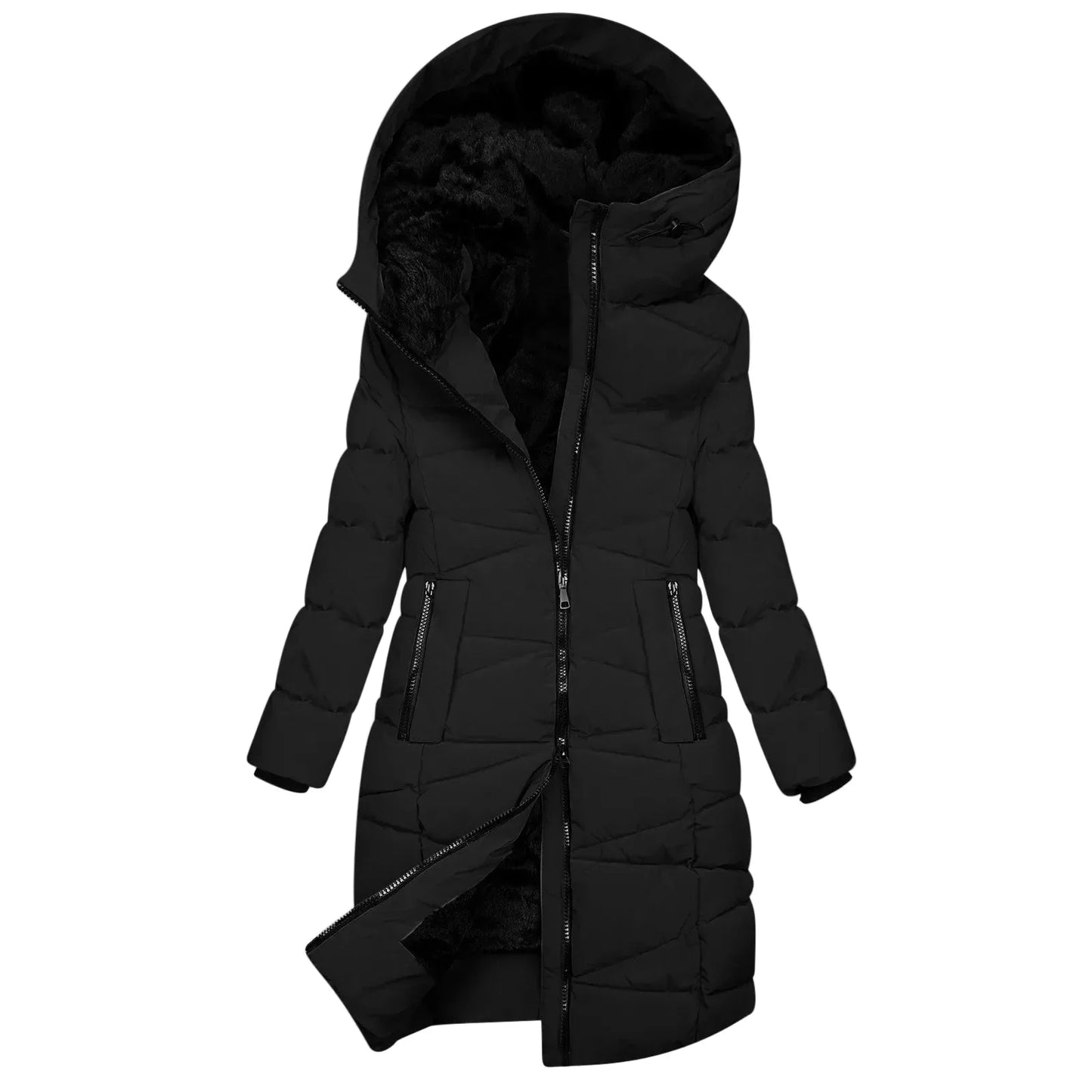 WW | Winter Steppmantel Lang - Winddichte Kapuzenjacke mit Reißverschluss, Modisch & Elegant