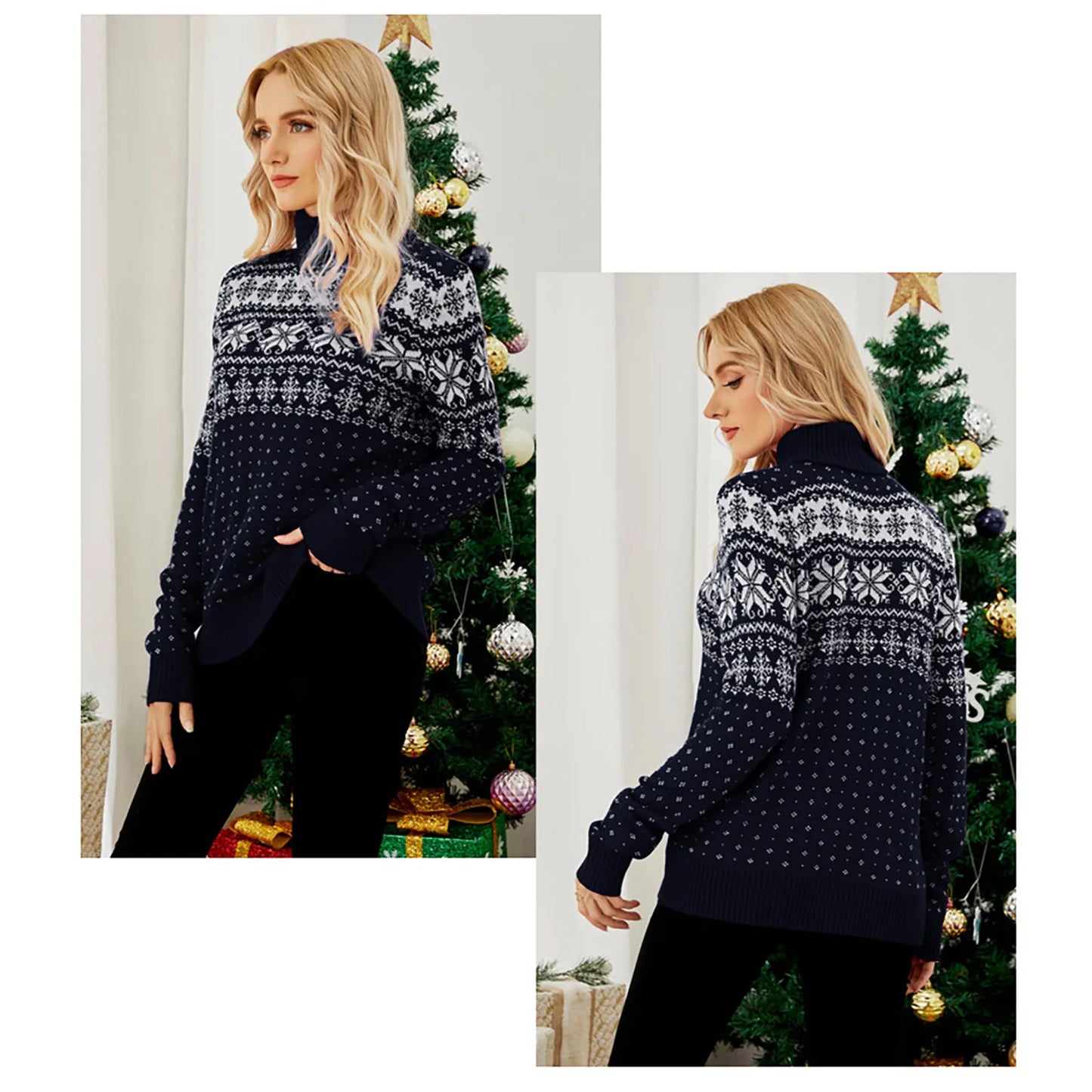 WW - Ugly Christmas Sweater - Vintage Turtleneck with Snowflake Pattern