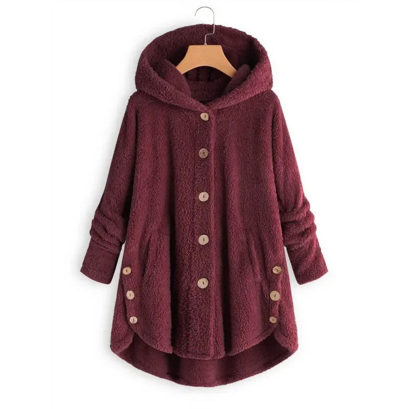 WW | Fleecejacke Relaxed Fit mit Kapuze Knopfverschluss Extralang Hinten