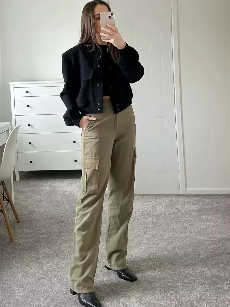 WW | Cropped Snap-Button Bomber Jacket with Baseball Collar