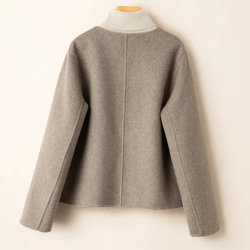 WW | Cropped Wool Blend Boxy Fit Collarless Jacket Decorative Button Closure Flap Pockets