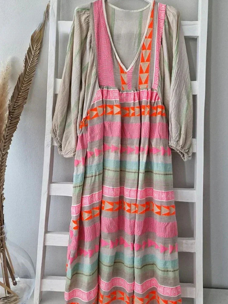 Cassandra | Boho Print V-Neck Dress
