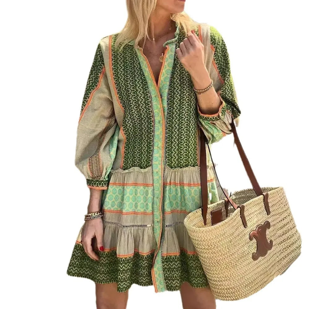 Selene | Cotton-Linen Dress with Green Print