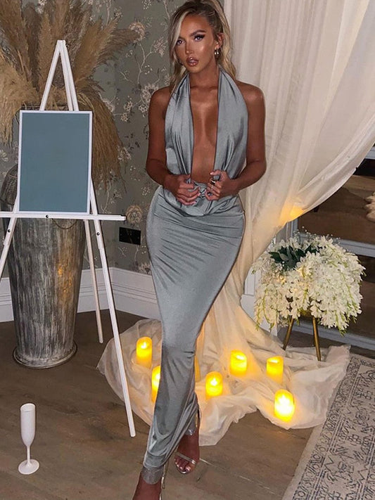 WW - Sexy langes Kleid mit V-Ausschnitt und Halterneck für Frauen