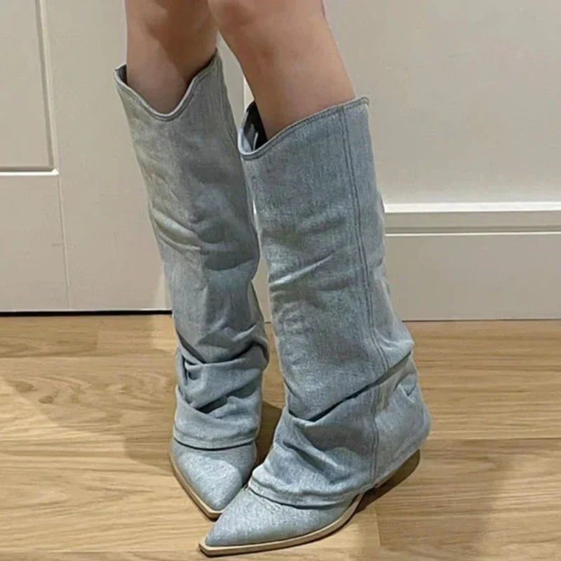 Denim knee-high boots