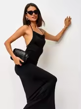 Women's Sleeveless Evening Dress with Lace-Up, Open Back and Spaghetti Straps
