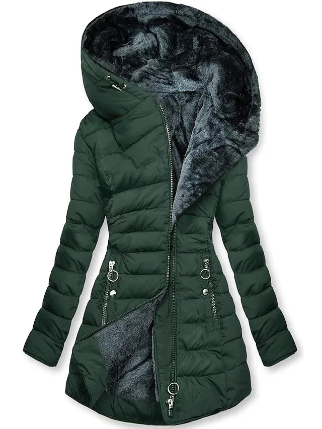 WW - Wintermantel für Damen - Mit Fellkragen, Kapuze und Reißverschluss