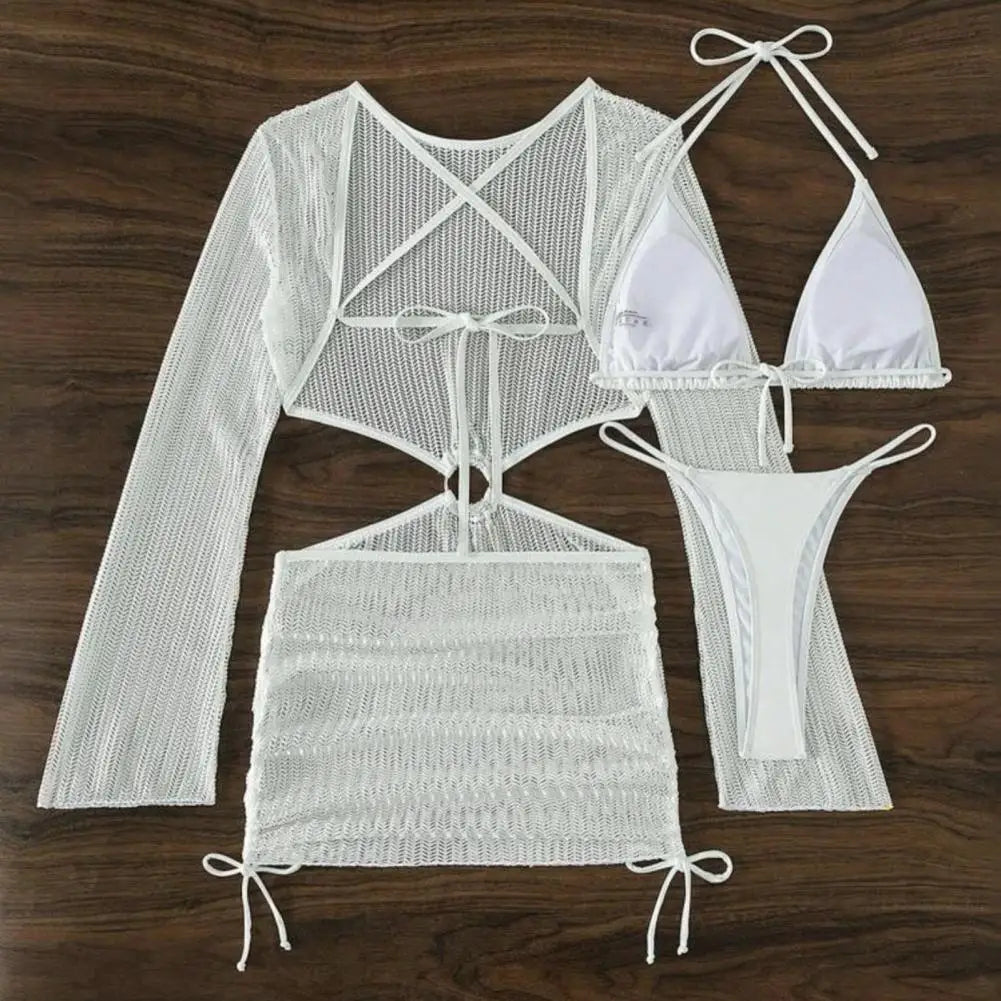 Whisper | 3-Piece Lace-Up Bikini Set with Mesh Cover-Up Dress
