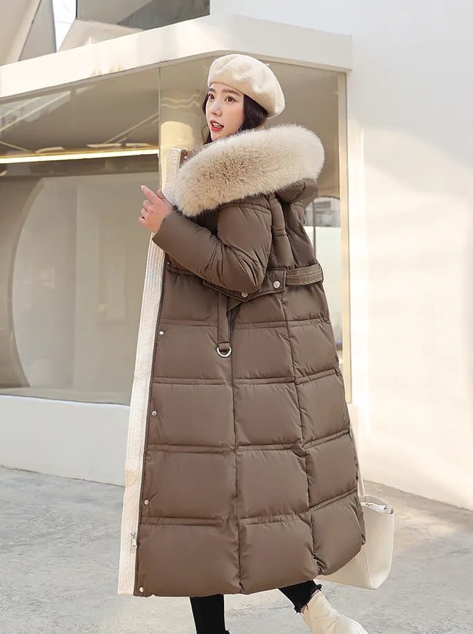 WW | Lange Winterjacke Puffer Design Kunstfell Kapuze Taillengürtel Warm Und Isolierend