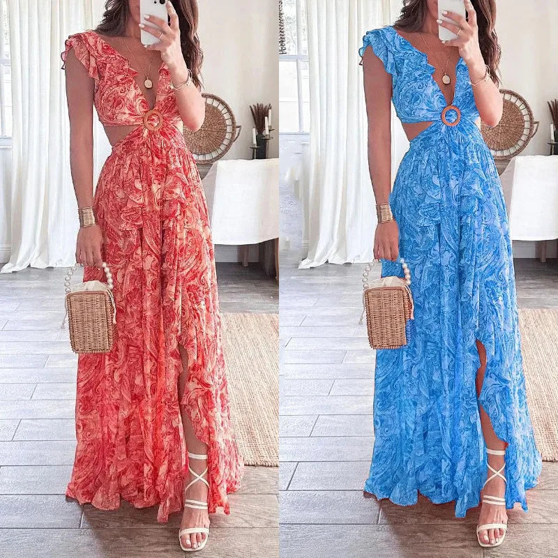 Elara | Printed Pleated V-Neck Dress