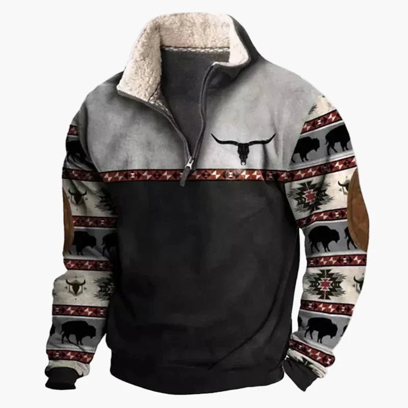 WW | Western Style Pullover mit Azteken-Muster und Longhorn-Motiv - Bequemer Freizeit-Sweater für Outdoor & Alltag