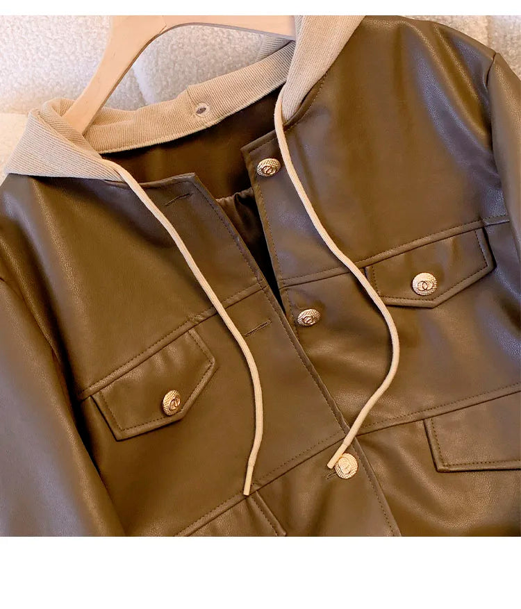 WW | Pre-sewn Leather Jacket with Lacing and Thick Hood