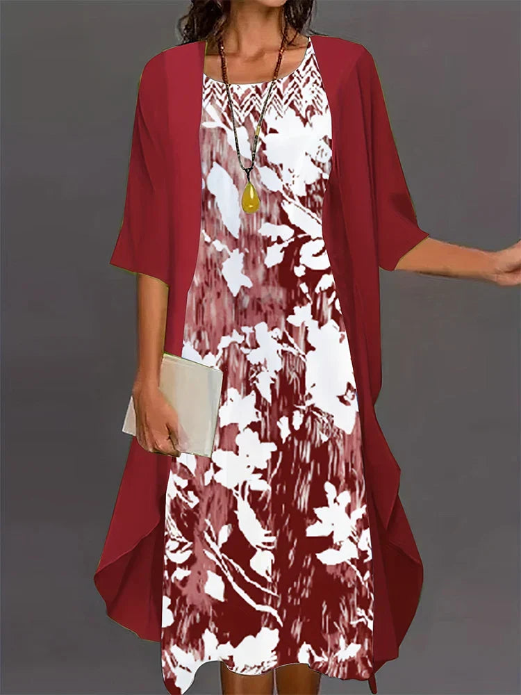 WW | Plus Size Autumn New Women's Floral Long Dress Printed Pattern Two-Piece Dress Round Neck Temperament Elegant Dress