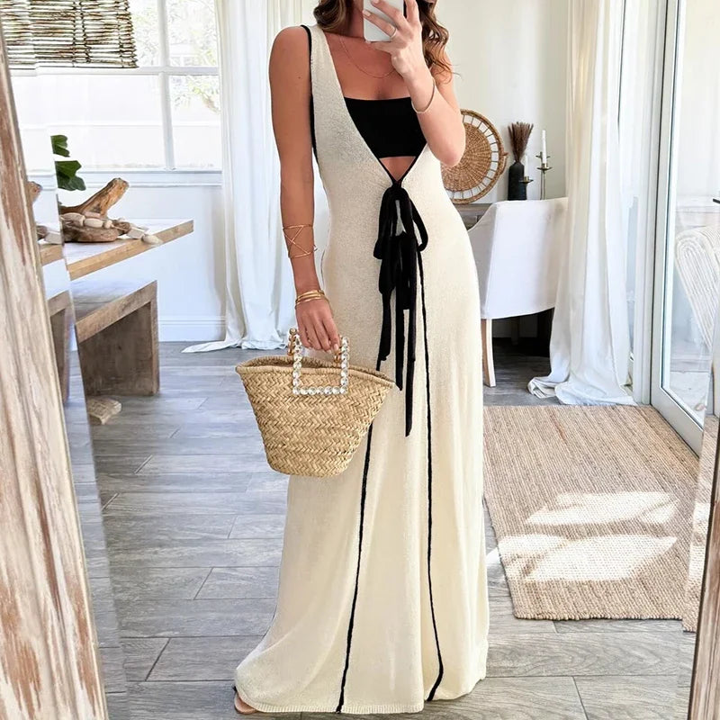 Long summer knit dress with contrasting trims and bow