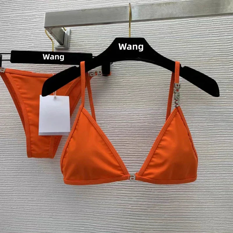 WW | New Rhinestone Letter Wang Beach Bikini Luxury Brand Designer Y2K Fashion Sexy Women Beach Bikini Duo Set