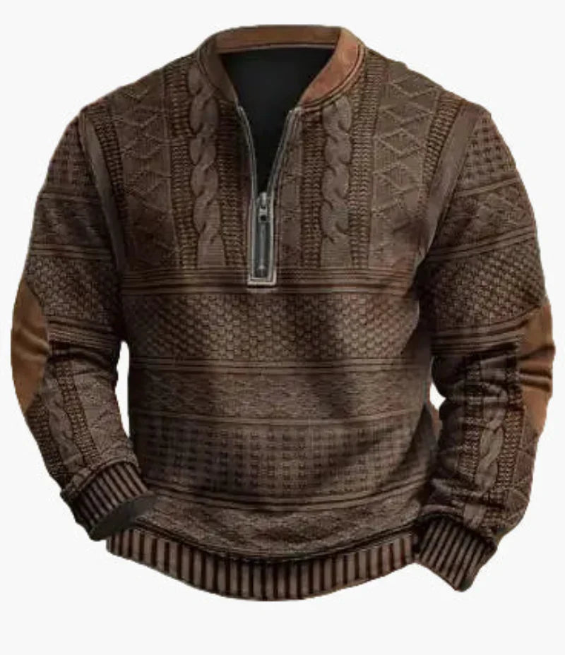 WW | Halbzipper Pullover - Modischer Strick-Look für Herbst und Winter, Warmes Sweatshirt mit Stehkragen und Ellbogen-Patches, Freizeit & Alltag
