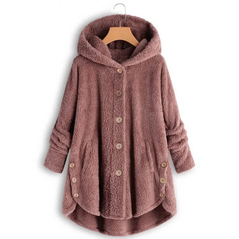 WW | Relaxed Fit Fleece Jacket with Hood Button Fastening Extra Long Back
