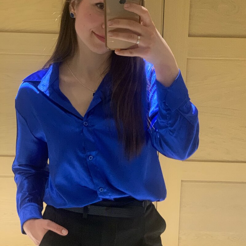 WW | Satin Blouse With Polo Collar Silk Blouse For The Office Vintage Design With Loose Button Elegant Fashion