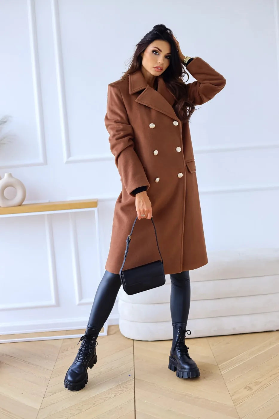 WW | Damen Doppelreihiger Mantel - Wollmischung - Mittellang - Reverskragen - Elegante formelle Kleidung