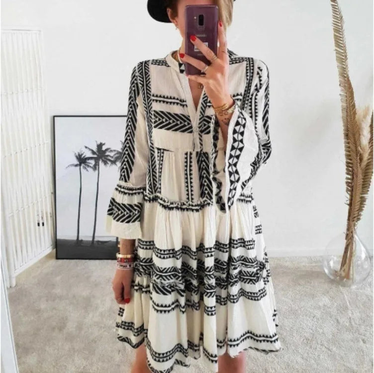 Azaria | Geometric Print V-Neck Mini Dress
