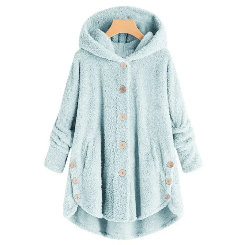 WW | Fleecejacke Relaxed Fit mit Kapuze Knopfverschluss Extralang Hinten